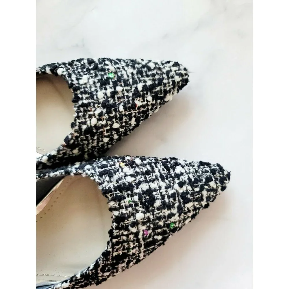 Zara Tweed Sequin Pointed Toe Black White Multicolor Slip On Shoes Heels 37 6.5_4